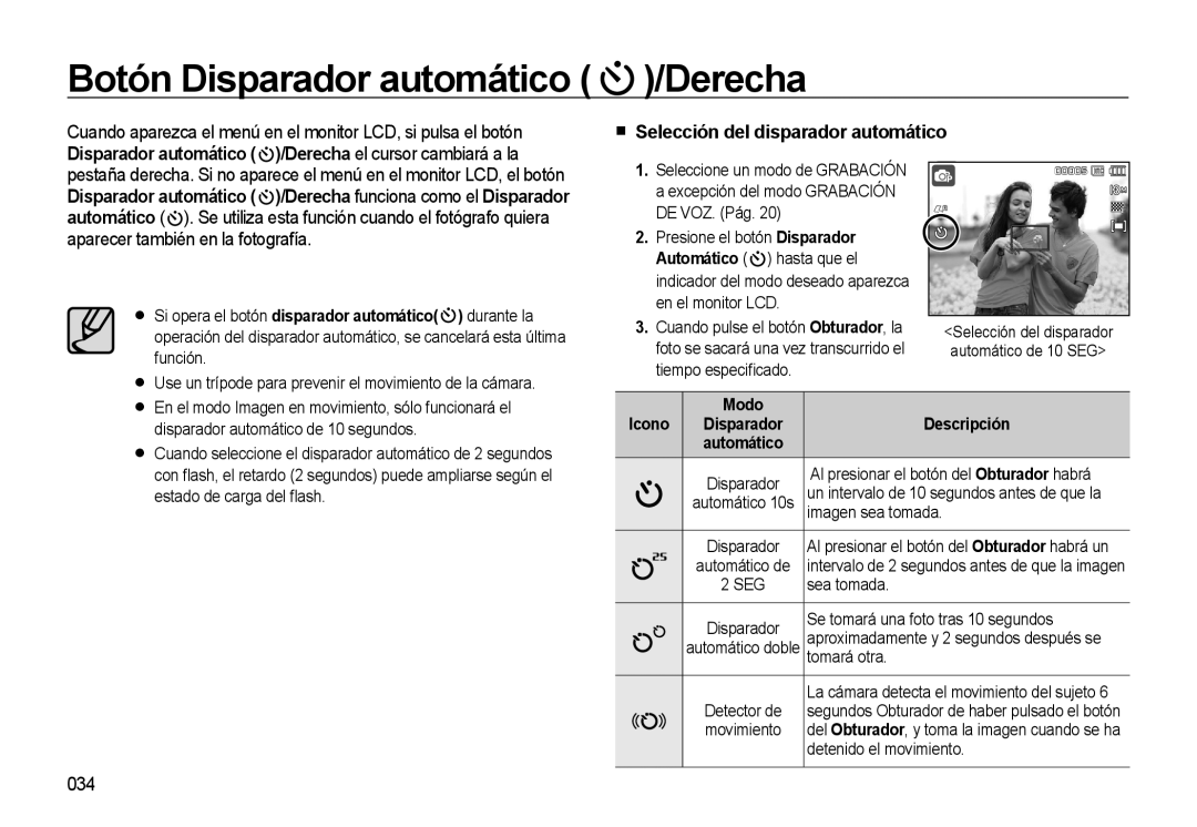 Samsung EC-L310WSBA/E1 manual Botón Disparador automático /Derecha, Selección del disparador automático, 034, Modo Icono 