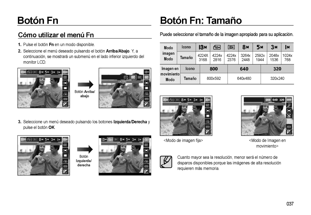 Samsung EC-L310WSBA/E1 manual Botón Fn Tamaño, Cómo utilizar el menú Fn, 037, 800x592 640x480 320x240 