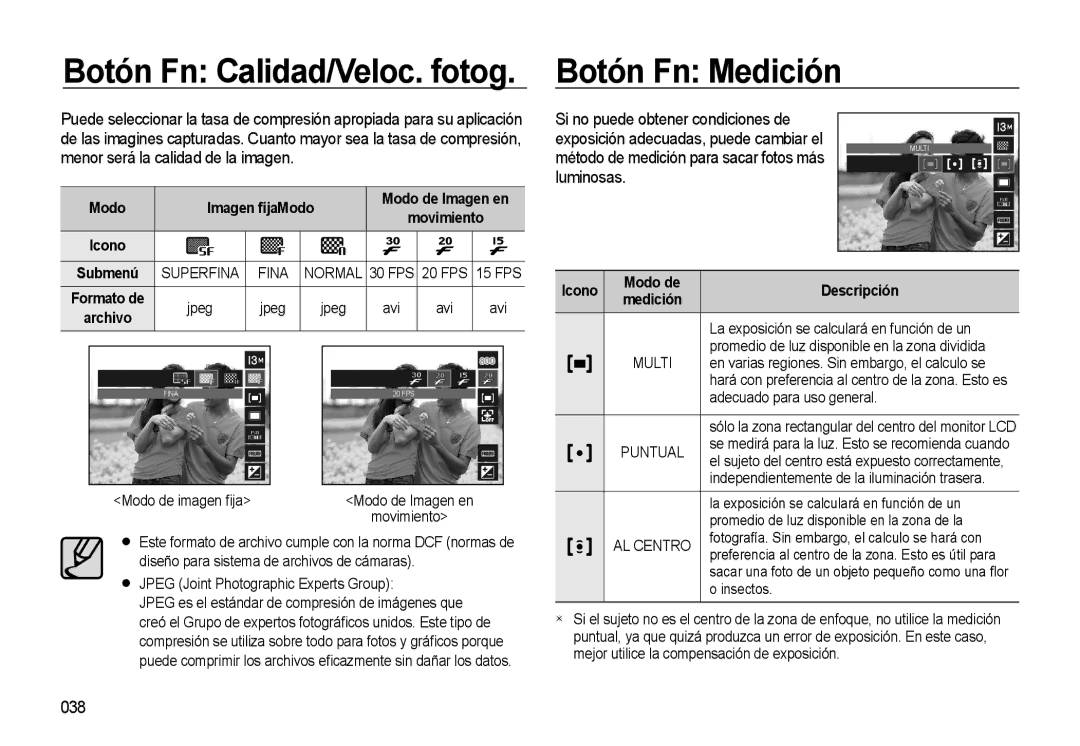 Samsung EC-L310WSBA/E1 manual Botón Fn Medición, 038, Imagen ﬁjaModo 