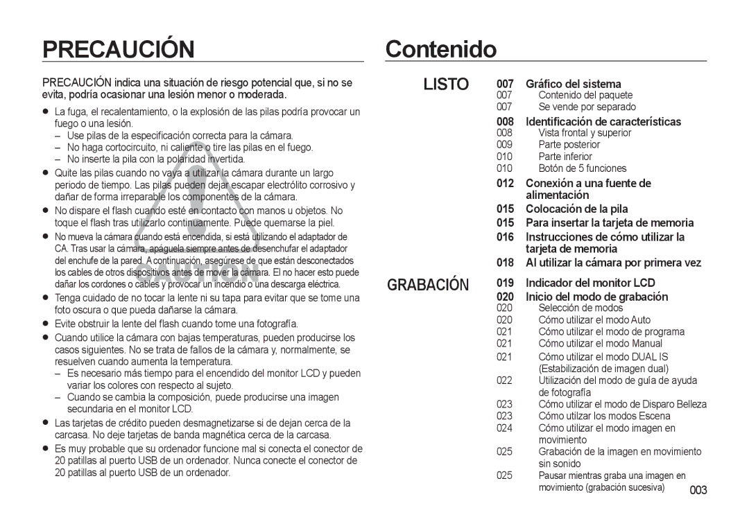 Samsung EC-L310WSBA/E1 manual Contenido, 007 Gráﬁco del sistema, Identiﬁcación de características, 003 