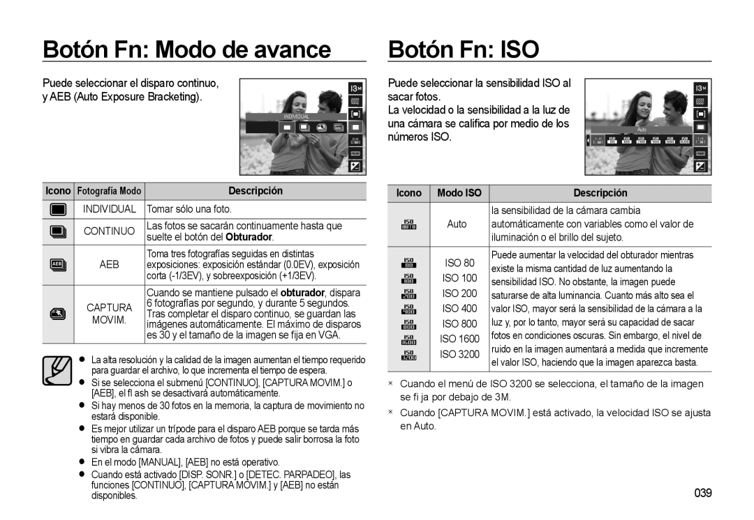 Samsung EC-L310WSBA/E1 manual Botón Fn Modo de avance, Botón Fn ISO, Sacar fotos, Números ISO, 039 