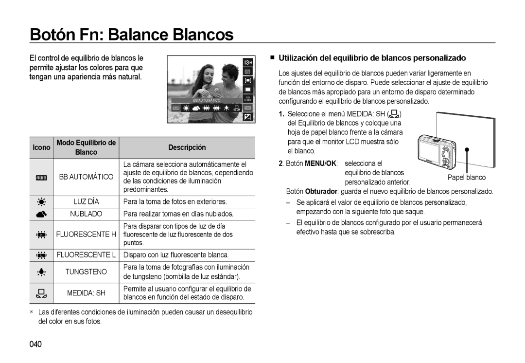 Samsung EC-L310WSBA/E1 manual Botón Fn Balance Blancos, Utilización del equilibrio de blancos personalizado, 040 