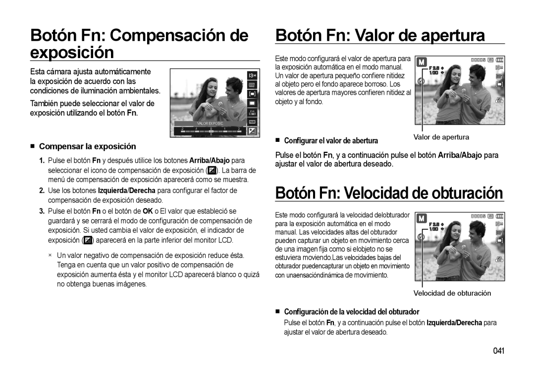 Samsung EC-L310WSBA/E1 Compensar la exposición Conﬁgurar el valor de abertura, Conﬁguración de la velocidad del obturador 