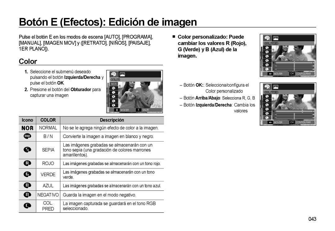 Samsung EC-L310WSBA/E1 manual Botón E Efectos Edición de imagen, Color, 043 