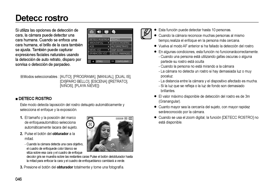 Samsung EC-L310WSBA/E1 manual Detecc rostro, 046, Disparo BELLO, Escena RETRATO, NIÑOS, Playa Nieve 