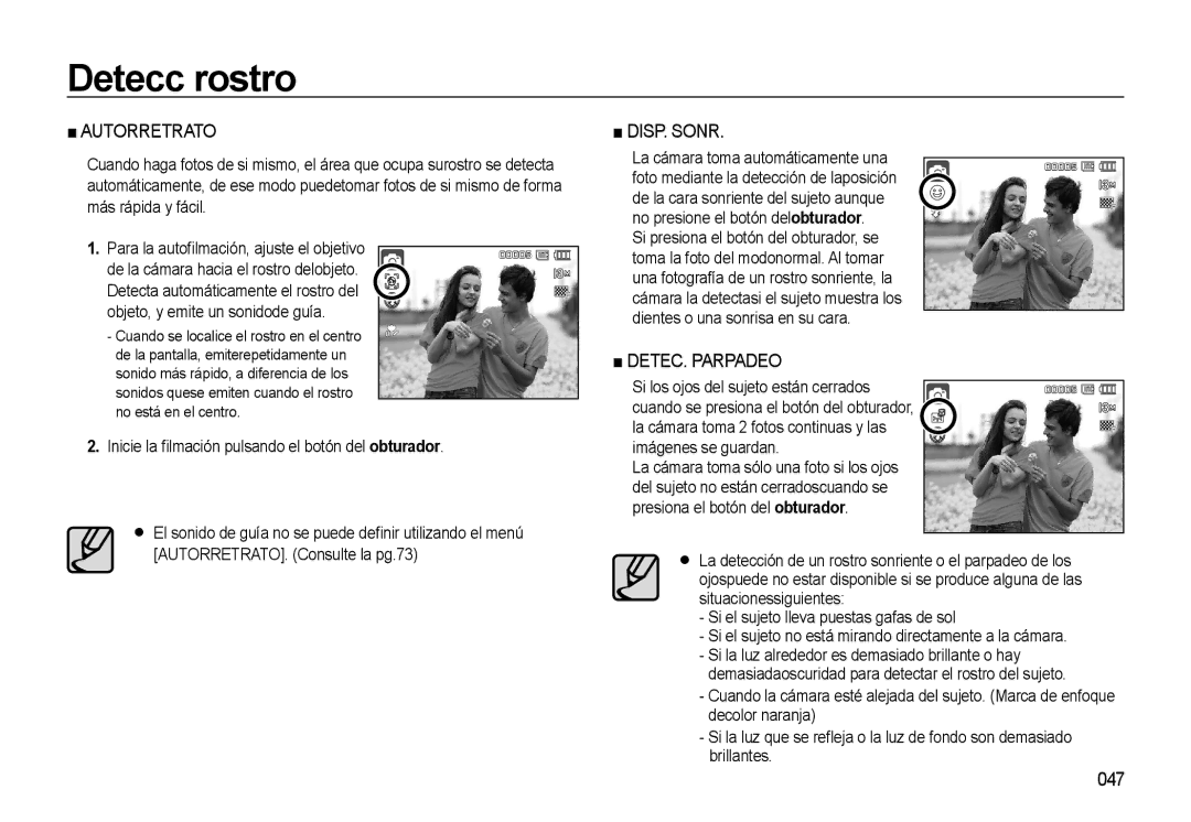 Samsung EC-L310WSBA/E1 manual 047, Objeto, y emite un sonidode guía, No está en el centro 