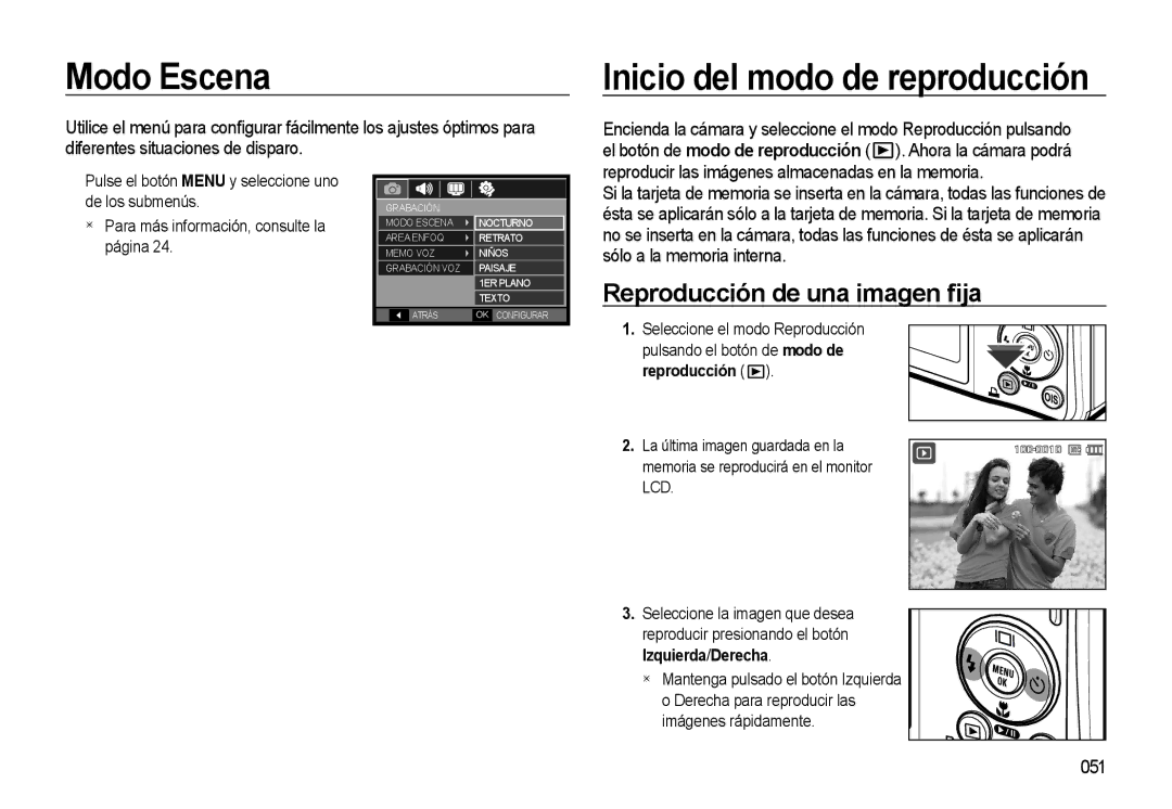 Samsung EC-L310WSBA/E1 manual Modo Escena, Inicio del modo de reproducción, Reproducción de una imagen ﬁja, 051 