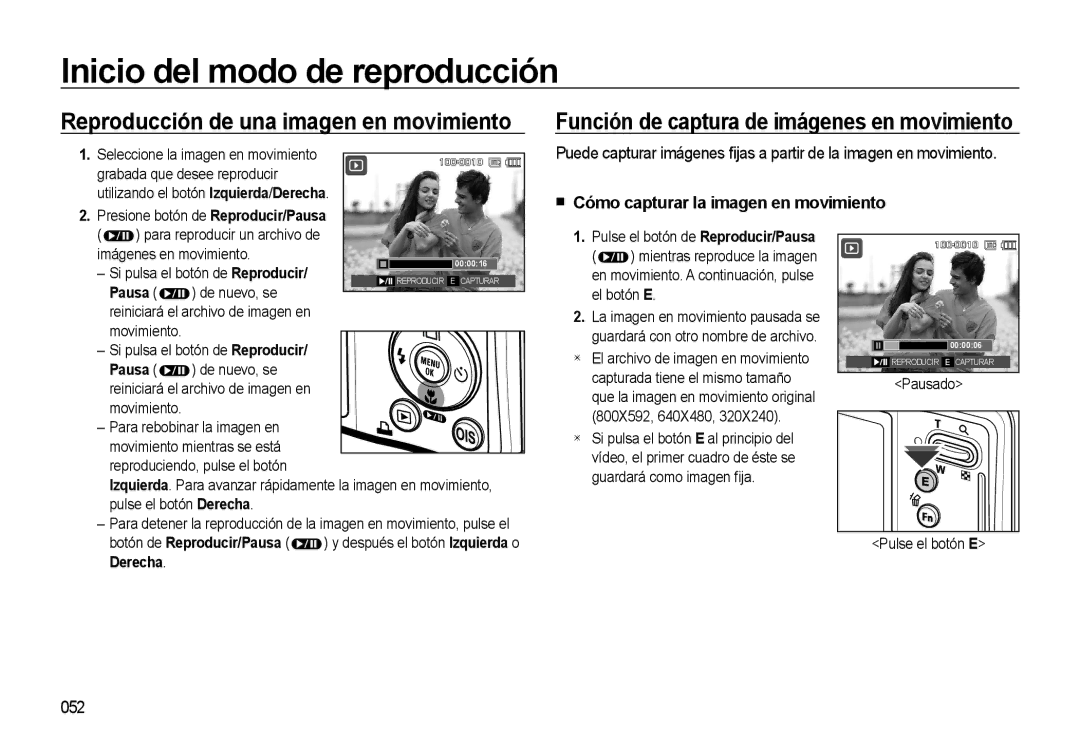 Samsung EC-L310WSBA/E1 manual Cómo capturar la imagen en movimiento, 052, Seleccione la imagen en movimiento, Pausa 