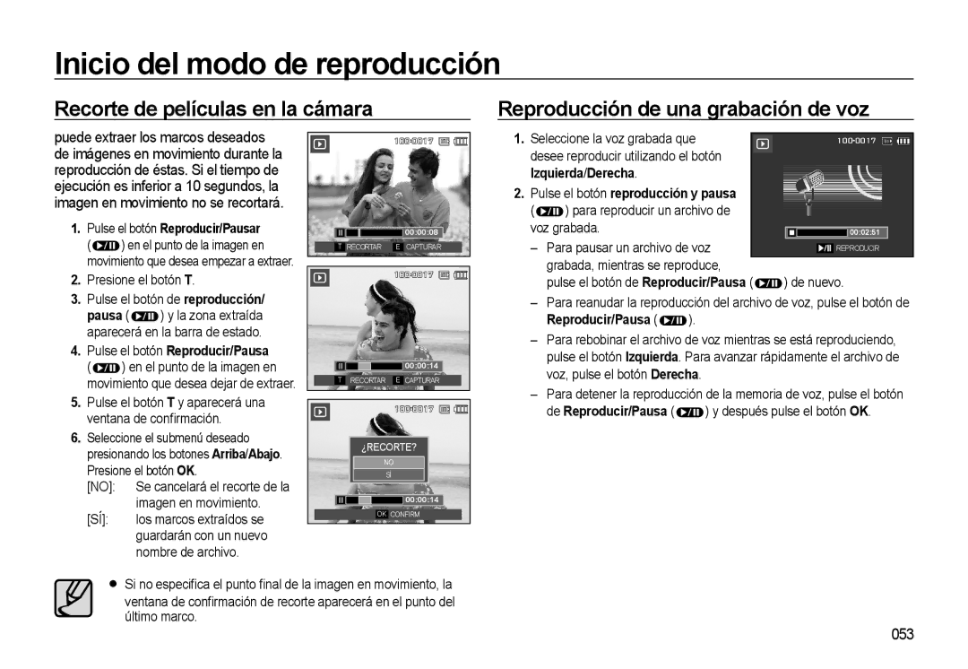 Samsung EC-L310WSBA/E1 manual 053, Pulse el botón Reproducir/Pausar 