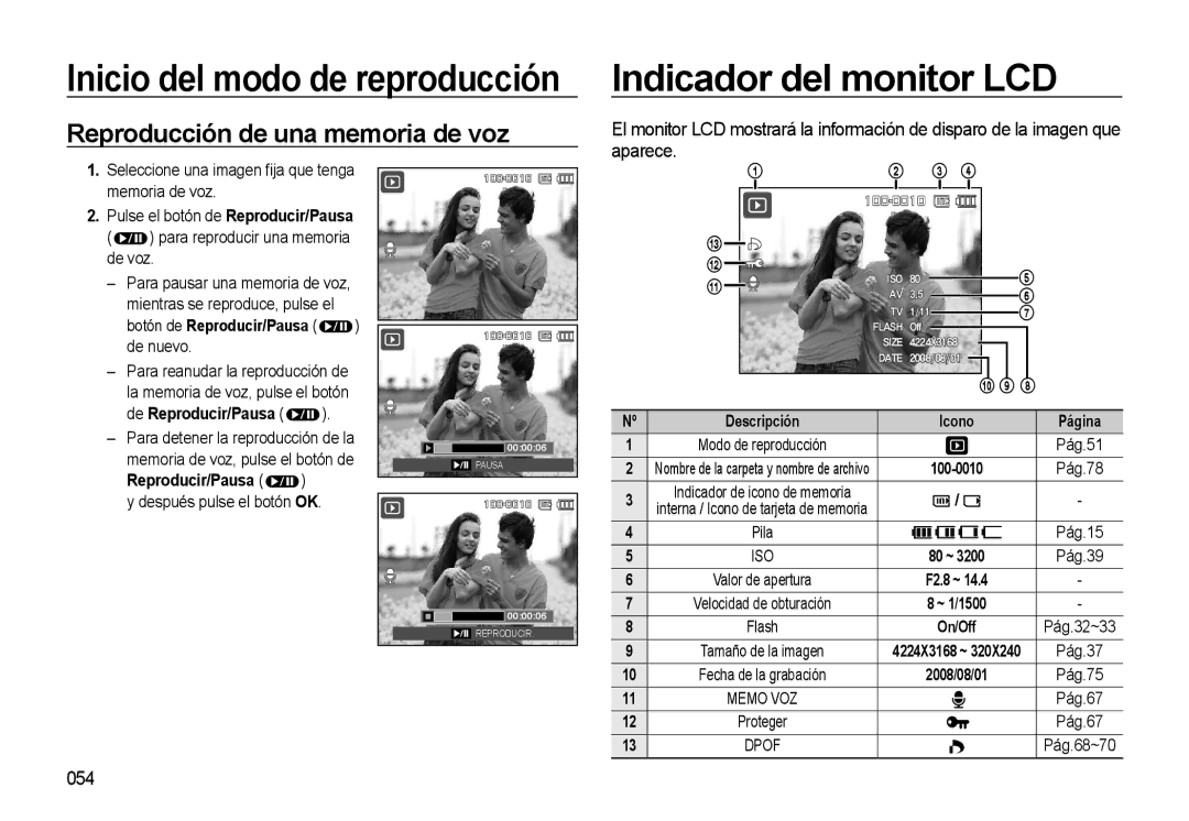 Samsung EC-L310WSBA/E1 manual Reproducción de una memoria de voz, 054 