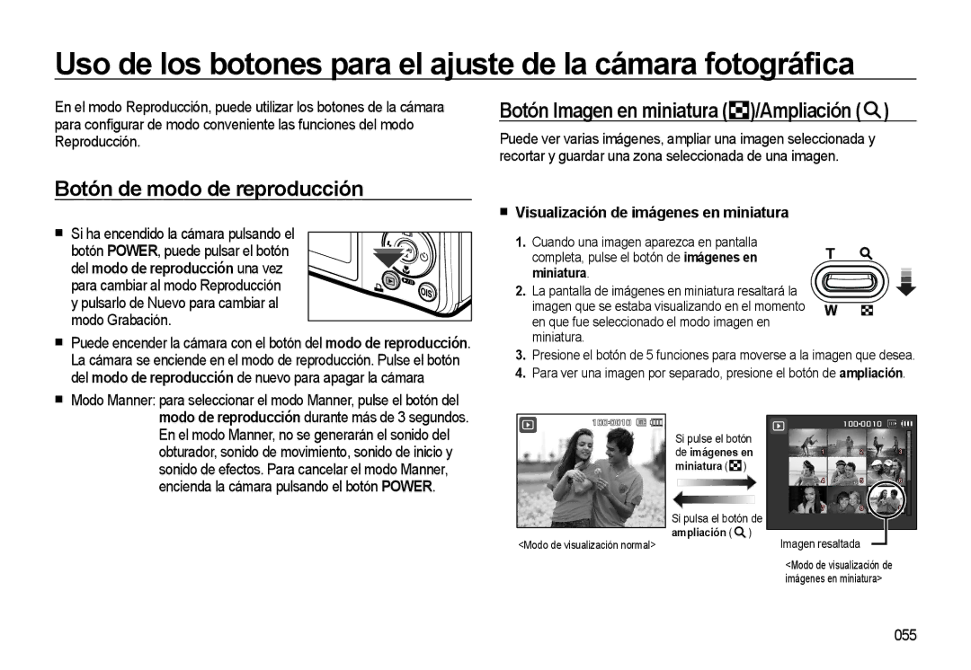 Samsung EC-L310WSBA/E1 manual Uso de los botones para el ajuste de la cámara fotográﬁca, Botón de modo de reproducción 