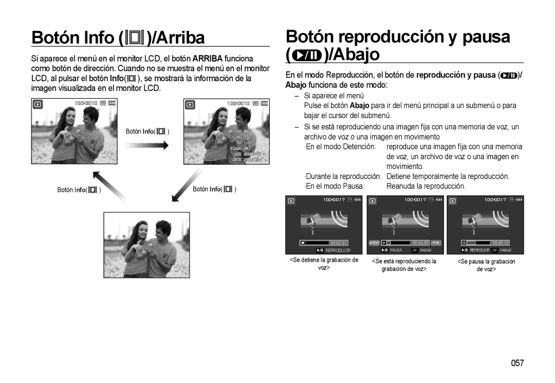 Samsung EC-L310WSBA/E1 manual Botón Info /Arriba, Botón reproducción y pausa /Abajo, 057 