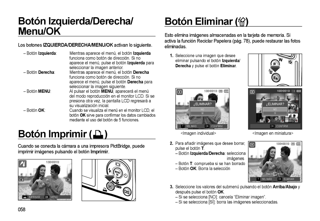 Samsung EC-L310WSBA/E1 manual Botón Eliminar, Botón Imprimir, 058 