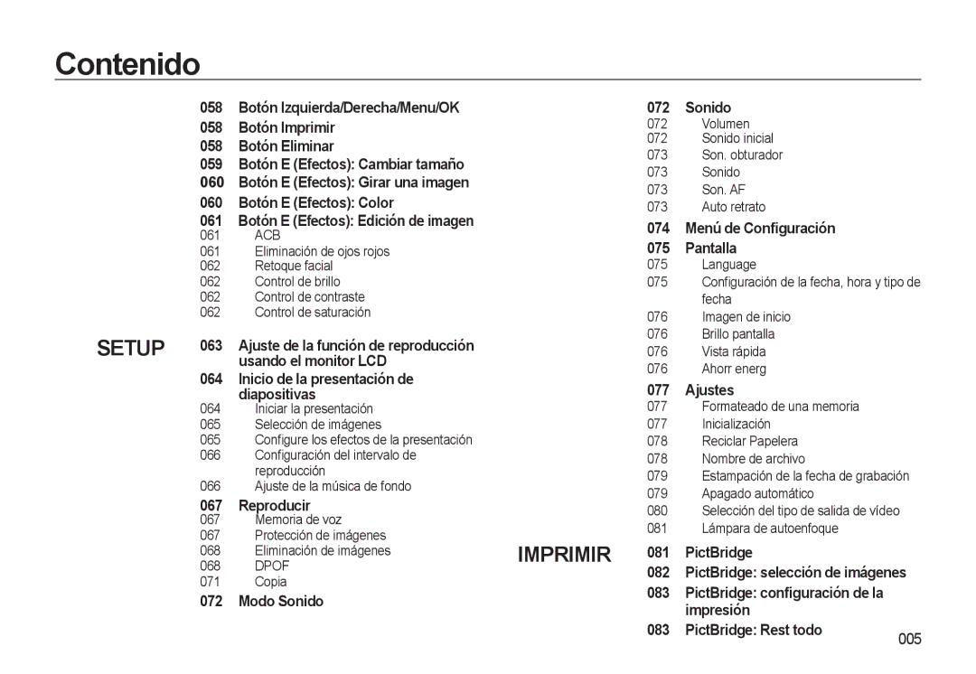 Samsung EC-L310WSBA/E1 manual 058 Botón Imprimir Botón Eliminar 059, 060 Botón E Efectos Color 061, 063, Reproducir 