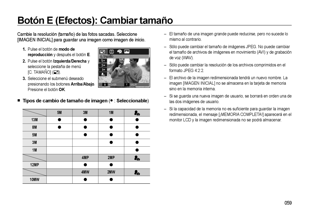 Samsung EC-L310WSBA/E1 manual Botón E Efectos Cambiar tamaño, 059, 13M 