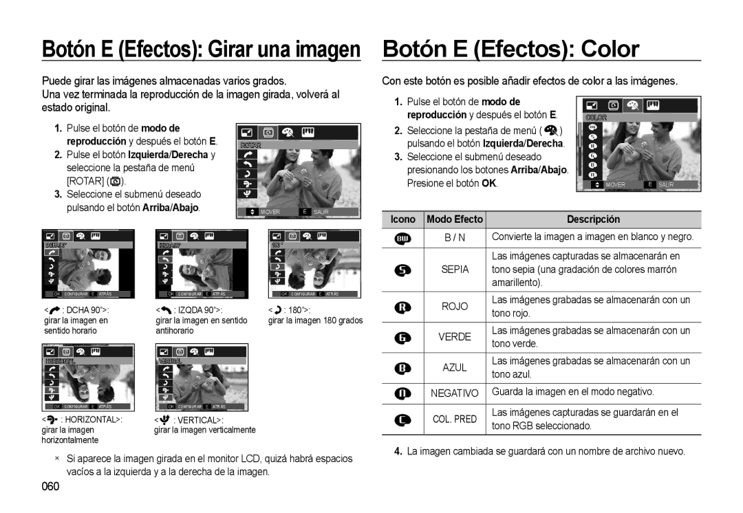 Samsung EC-L310WSBA/E1 manual Botón E Efectos Girar una imagen Botón E Efectos Color, 060, Pulse el botón de modo de, Sepia 