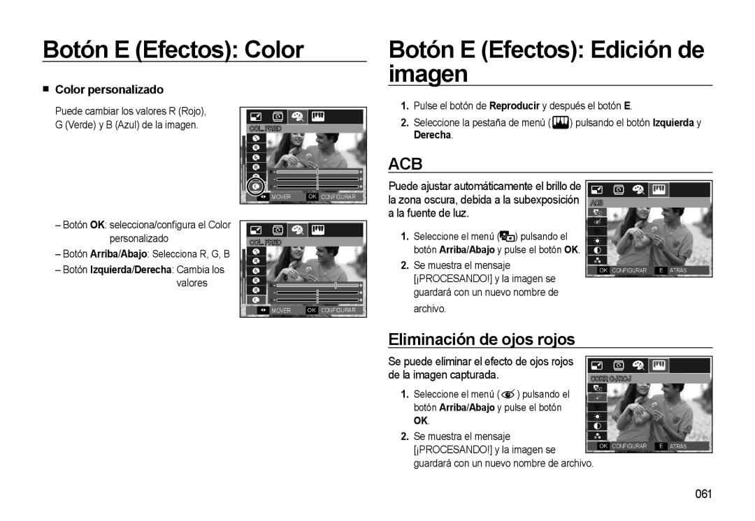 Samsung EC-L310WSBA/E1 manual Botón E Efectos Color Botón E Efectos Edición de imagen, Eliminación de ojos rojos, 061 