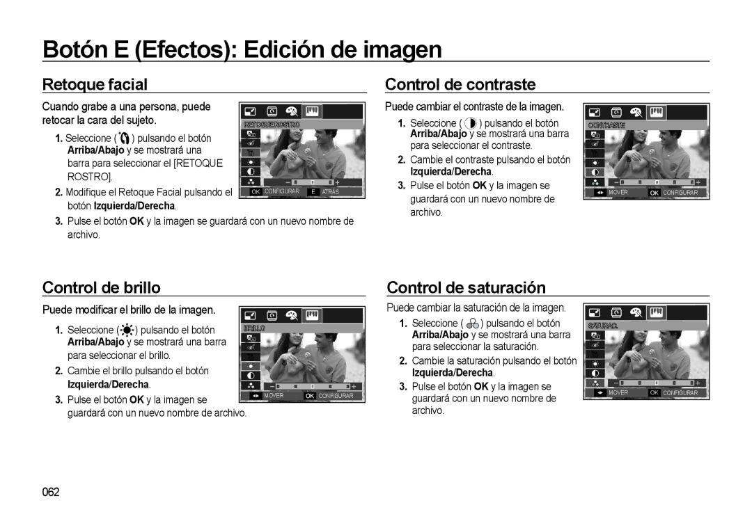 Samsung EC-L310WSBA/E1 manual Retoque facial Control de contraste, Control de saturación 