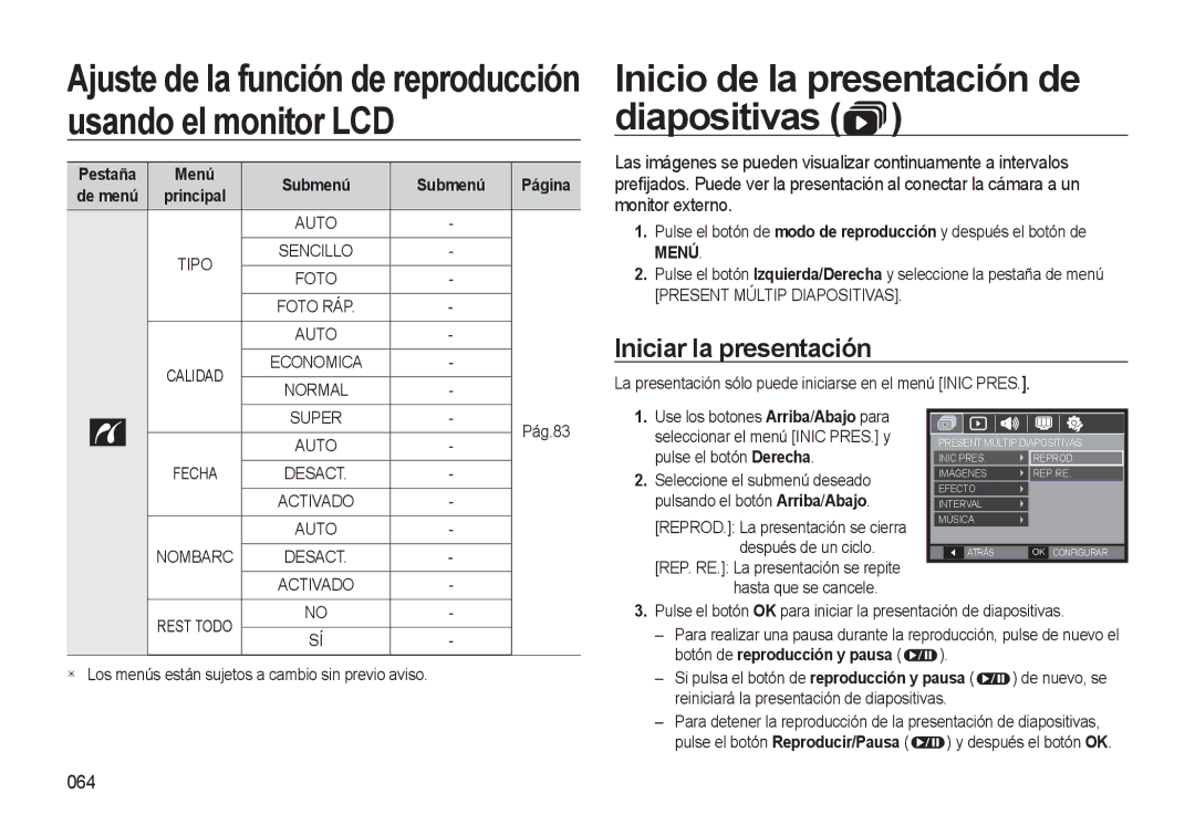 Samsung EC-L310WSBA/E1 manual Inicio de la presentación de diapositivas, Iniciar la presentación, 064 