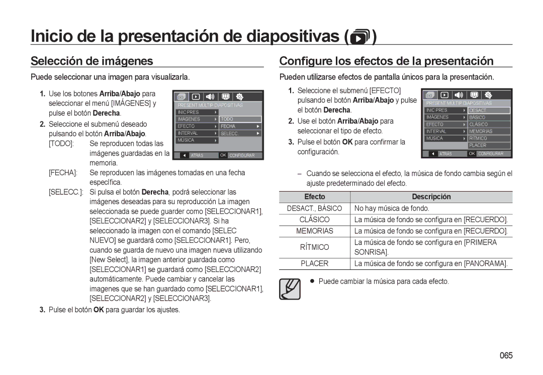 Samsung EC-L310WSBA/E1 manual Selección de imágenes, Conﬁgure los efectos de la presentación, 065, Efecto Descripción 