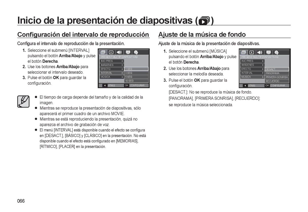 Samsung EC-L310WSBA/E1 manual Ajuste de la música de fondo, Conﬁgura el intervalo de reproducción de la presentación, 066 