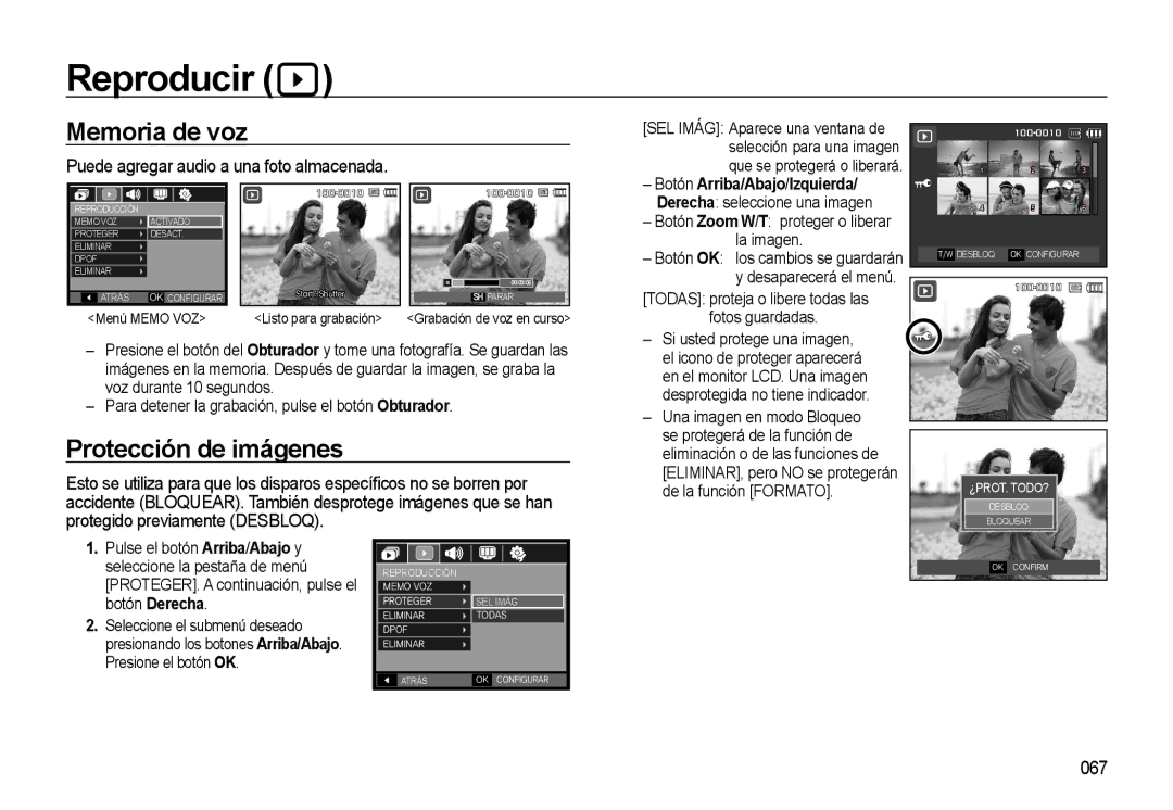 Samsung EC-L310WSBA/E1 Reproducir, Memoria de voz, Protección de imágenes, Puede agregar audio a una foto almacenada, 067 