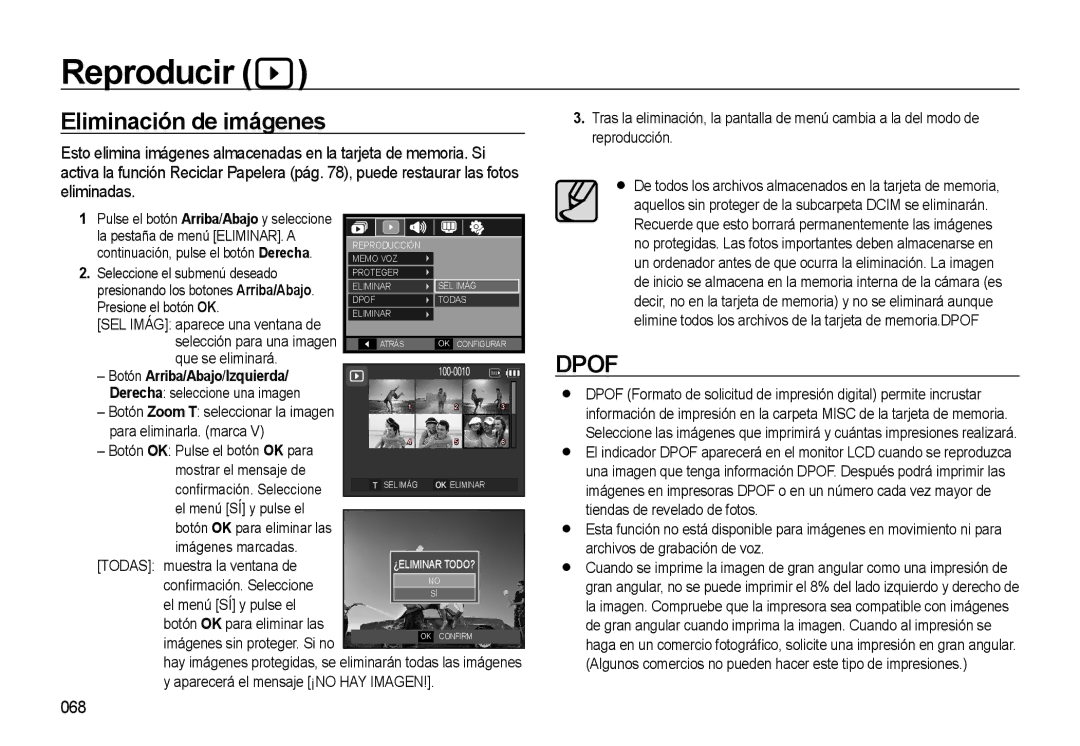 Samsung EC-L310WSBA/E1 manual Eliminación de imágenes, 068, Botón Arriba/Abajo/Izquierda 