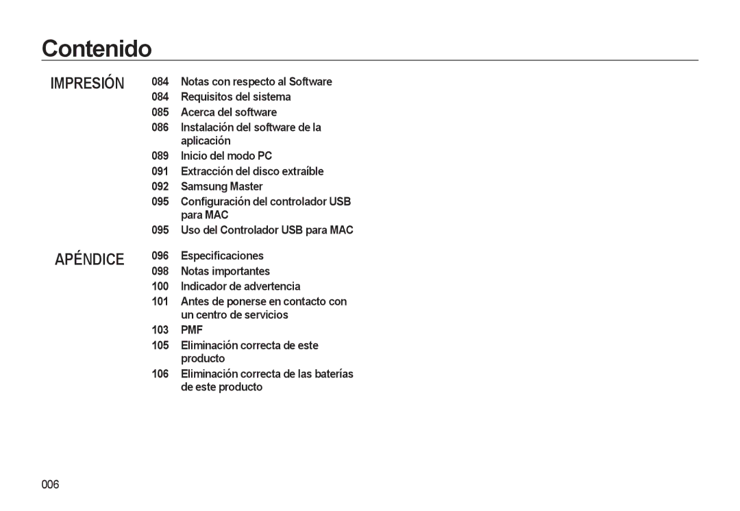 Samsung EC-L310WSBA/E1 manual Impresión Apéndice, 006 