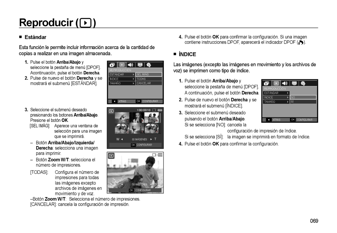 Samsung EC-L310WSBA/E1 manual Estándar, 069, Pulse el botón Arriba/Abajo y, Que se imprimirá 