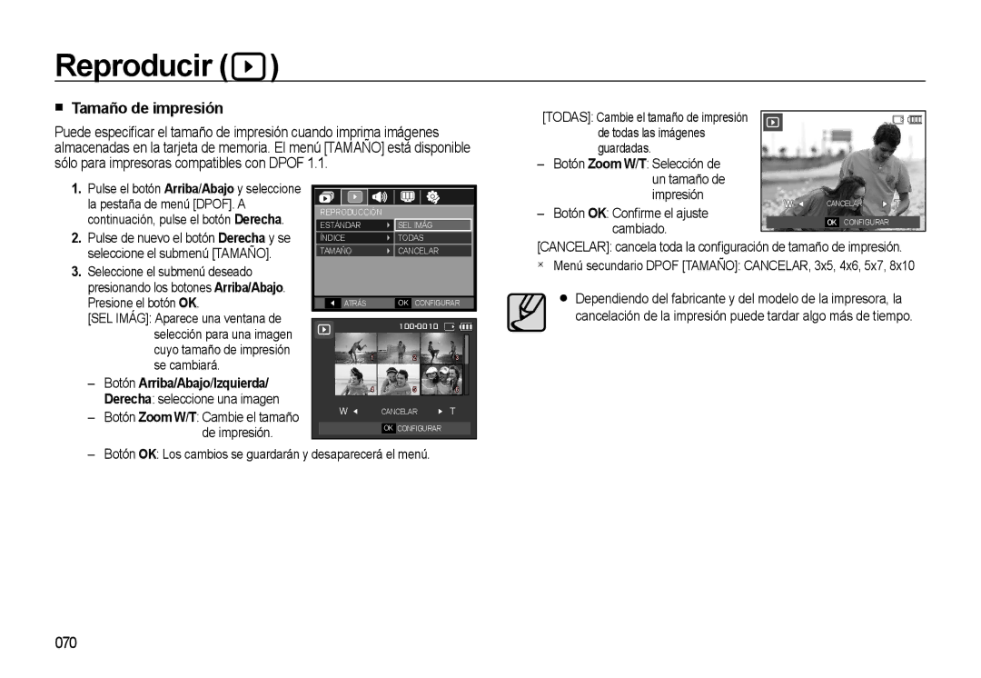 Samsung EC-L310WSBA/E1 manual Tamaño de impresión, 070 