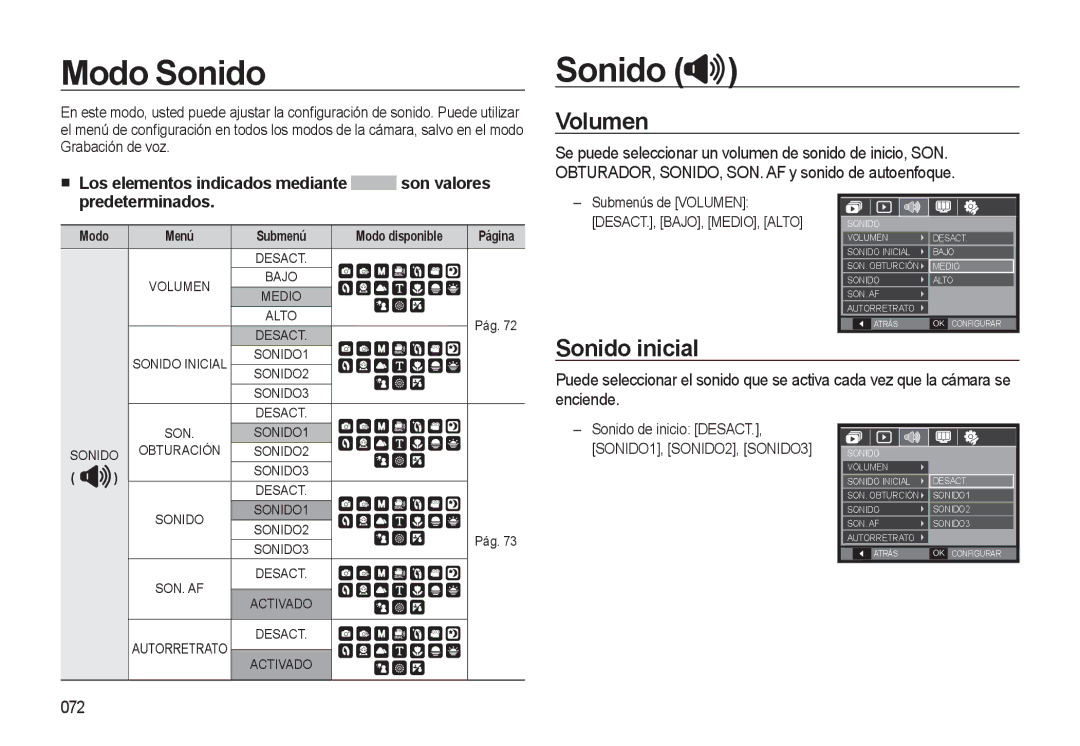 Samsung EC-L310WSBA/E1 manual Modo Sonido, Volumen, Sonido inicial 