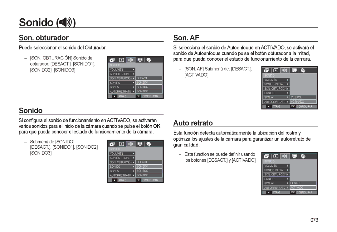 Samsung EC-L310WSBA/E1 manual Son. obturador, Son. AF, Sonido, Auto retrato 