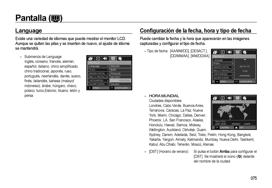 Samsung EC-L310WSBA/E1 manual Pantalla, Language, 075, Hora Mundial 