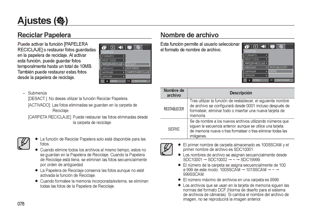 Samsung EC-L310WSBA/E1 manual Reciclar Papelera Nombre de archivo, 078, Imágenes 