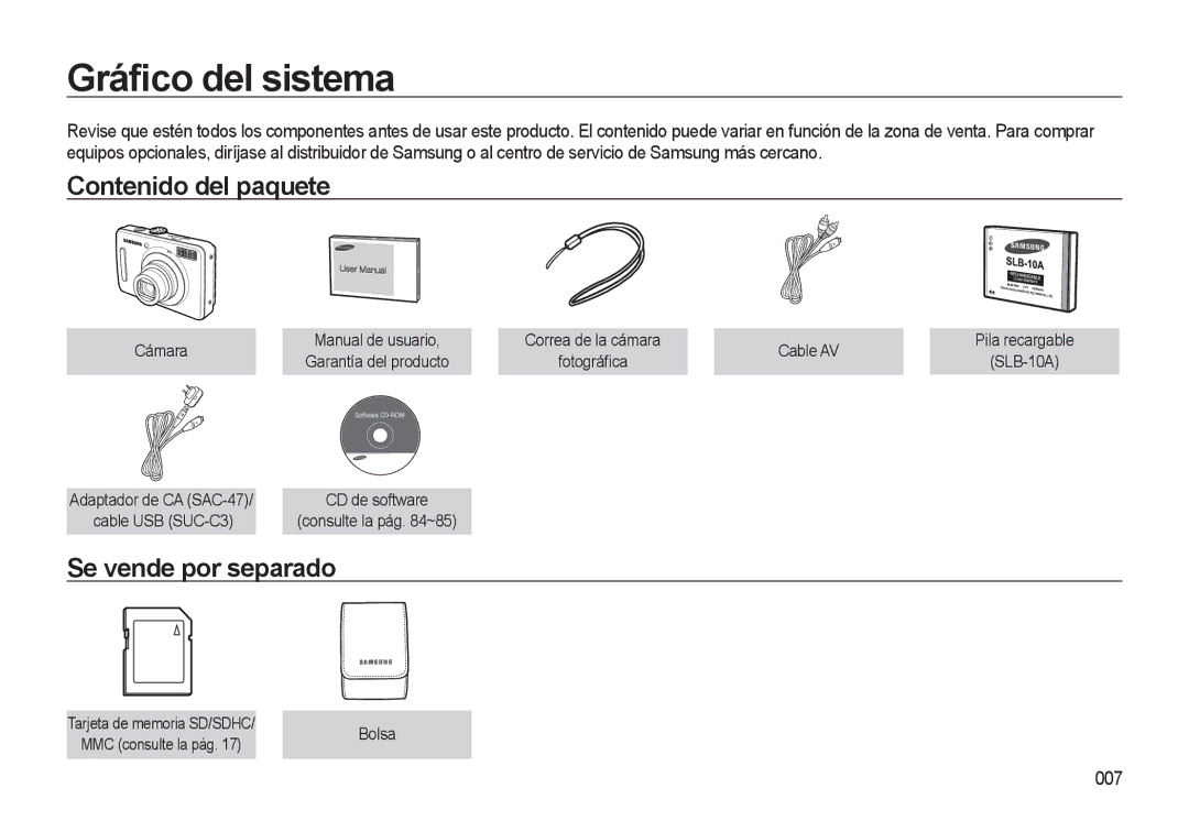 Samsung EC-L310WSBA/E1 manual Gráﬁco del sistema, Contenido del paquete, Se vende por separado, 007 