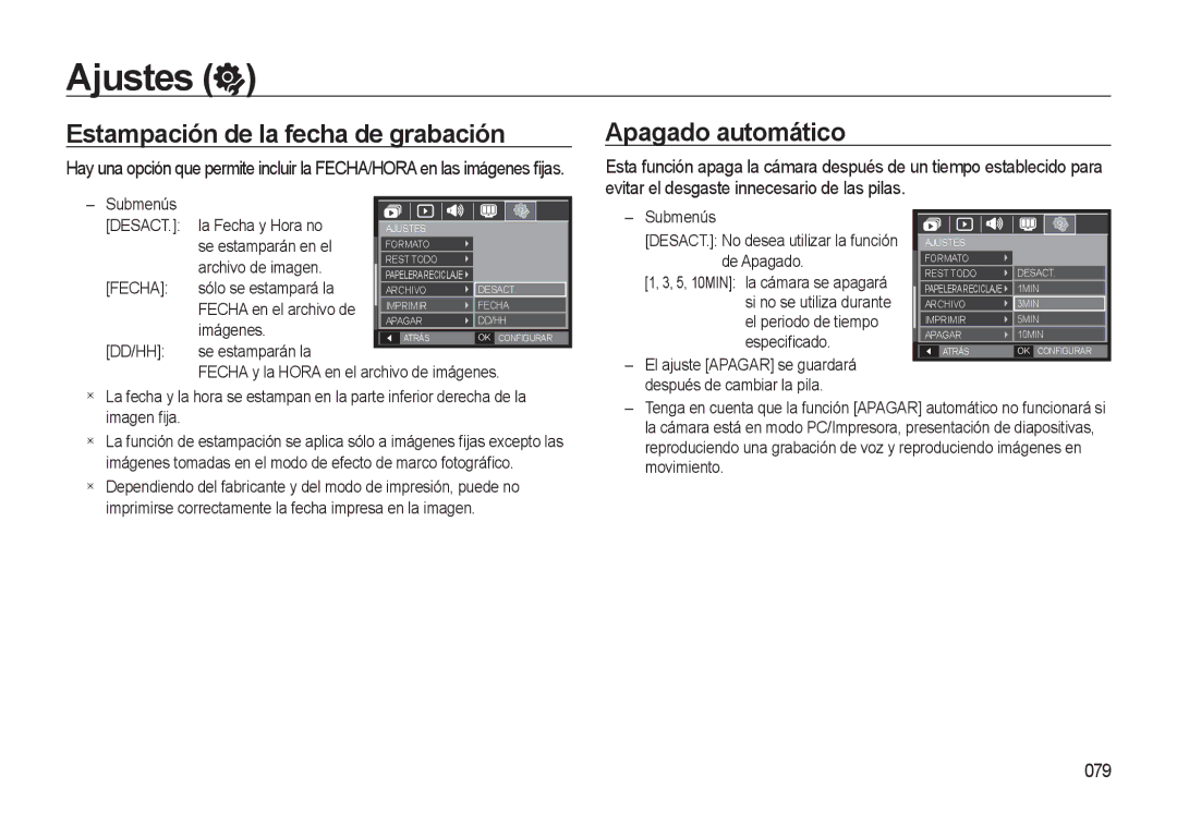 Samsung EC-L310WSBA/E1 manual Estampación de la fecha de grabación, Apagado automático, 079 