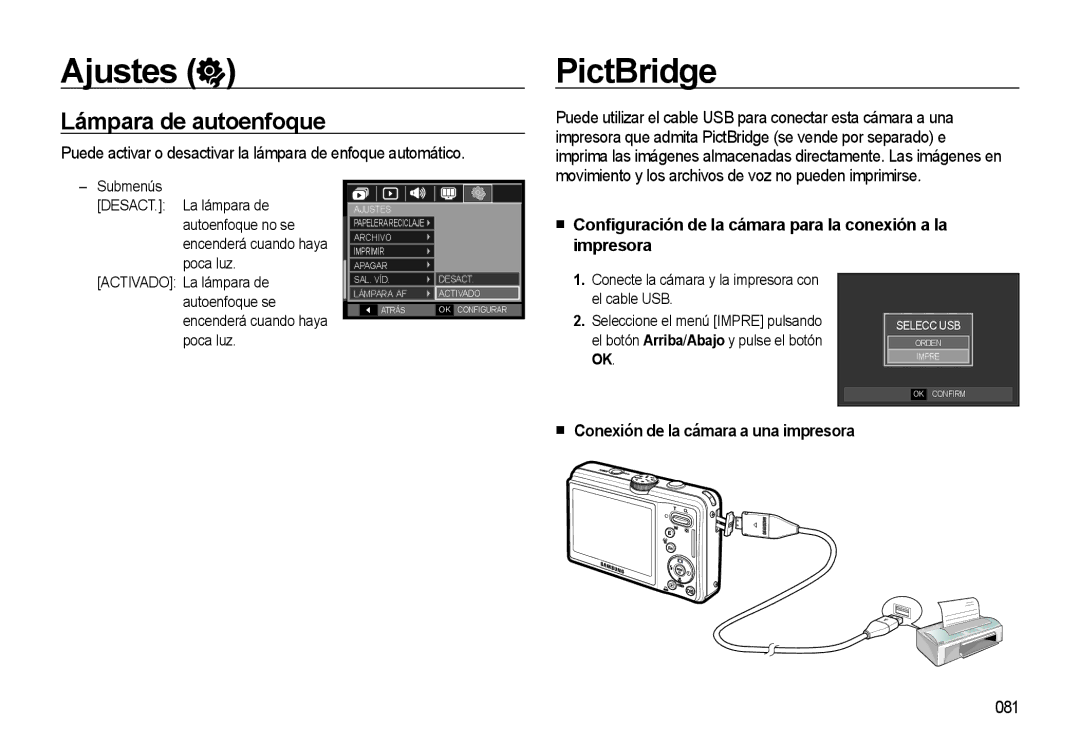 Samsung EC-L310WSBA/E1 manual PictBridge, Lámpara de autoenfoque, Conﬁguración de la cámara para la conexión a la impresora 