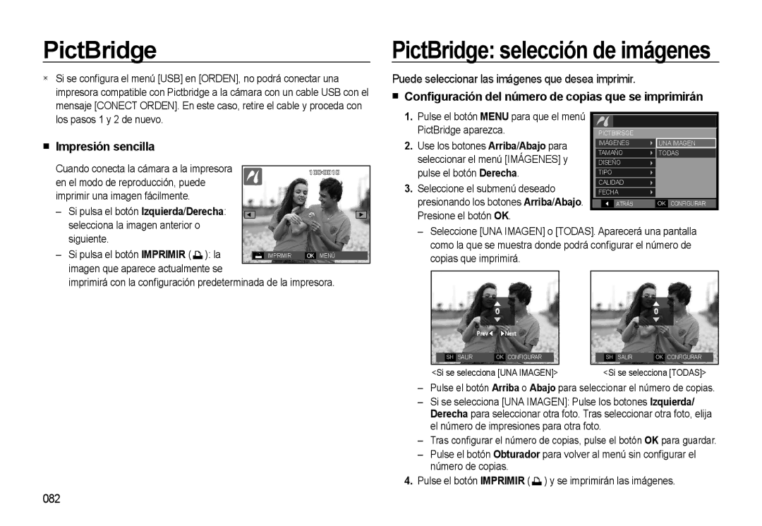 Samsung EC-L310WSBA/E1 manual Puede seleccionar las imágenes que desea imprimir, Impresión sencilla, 082 