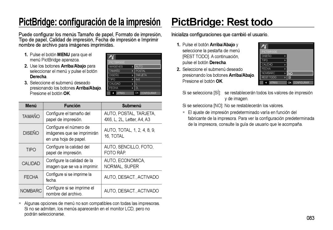 Samsung EC-L310WSBA/E1 manual PictBridge Rest todo, PictBridge conﬁguración de la impresión, 083 