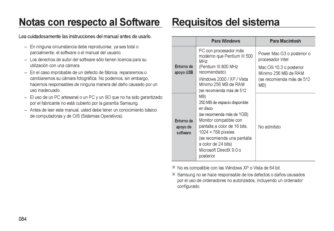 Samsung EC-L310WSBA/E1 manual Requisitos del sistema, 084, Para Windows Para Macintosh 