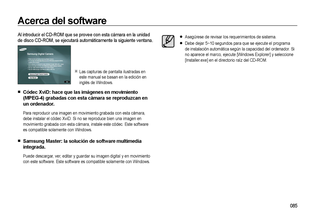 Samsung EC-L310WSBA/E1 manual Acerca del software, Samsung Master la solución de software multimedia integrada, 085 