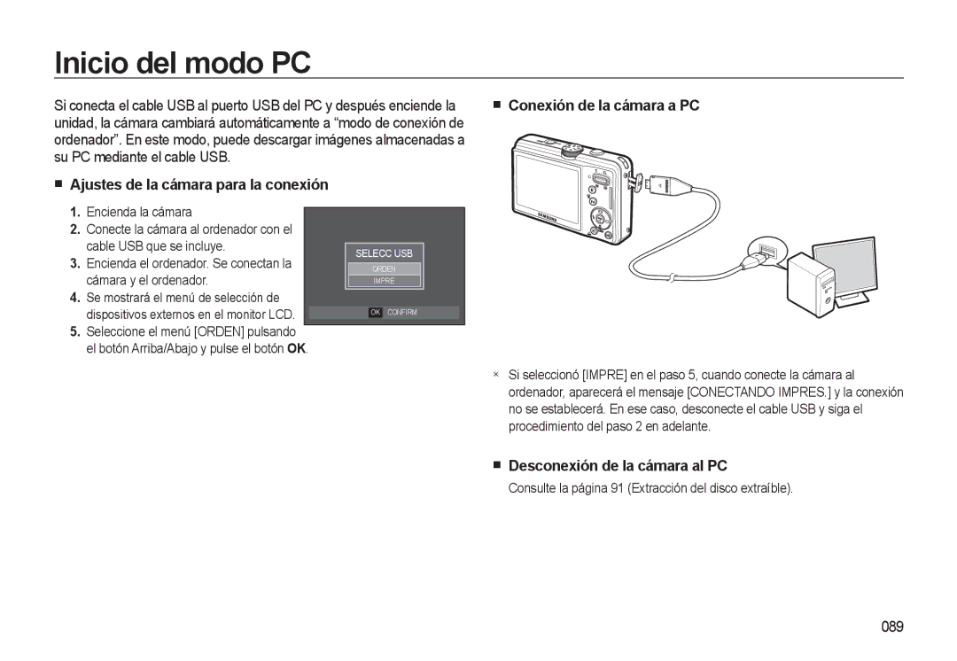 Samsung EC-L310WSBA/E1 manual Inicio del modo PC, Desconexión de la cámara al PC, 089 