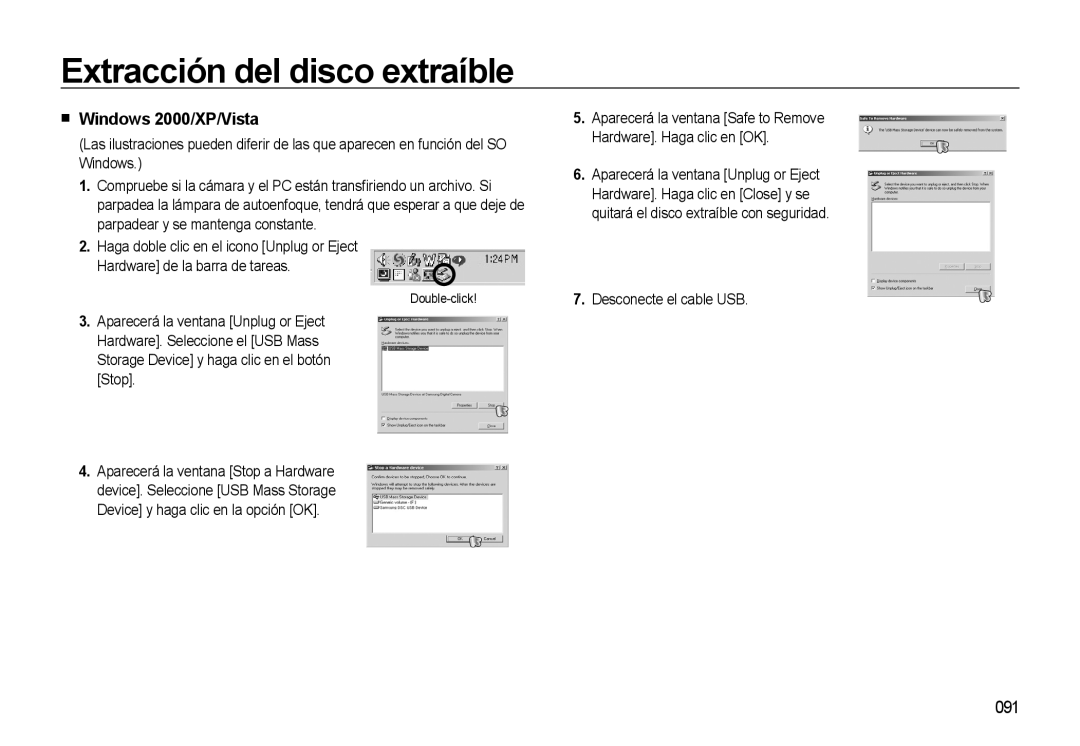 Samsung EC-L310WSBA/E1 manual Extracción del disco extraíble, Windows 2000/XP/Vista, 091, Desconecte el cable USB 