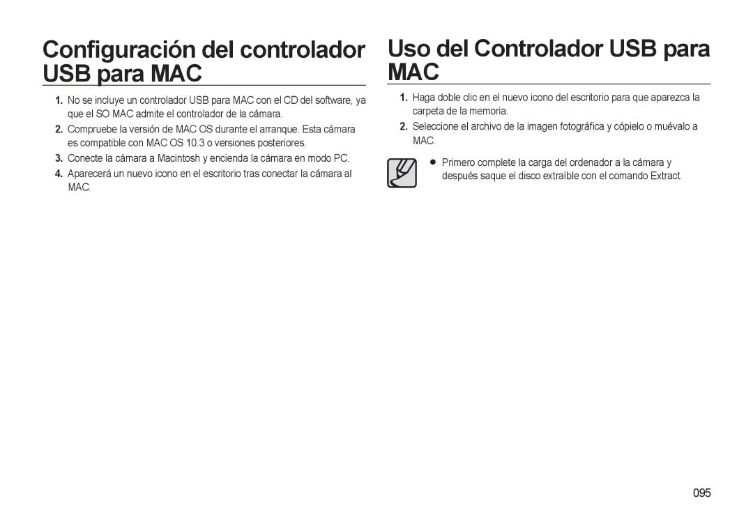 Samsung EC-L310WSBA/E1 manual Conﬁguración del controlador USB para MAC, Uso del Controlador USB para, 095 