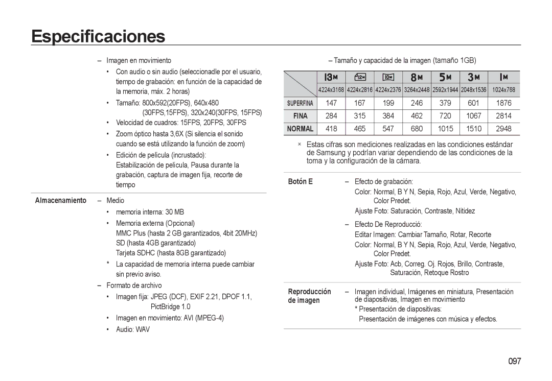 Samsung EC-L310WSBA/E1 manual 097, Almacenamiento Medio 