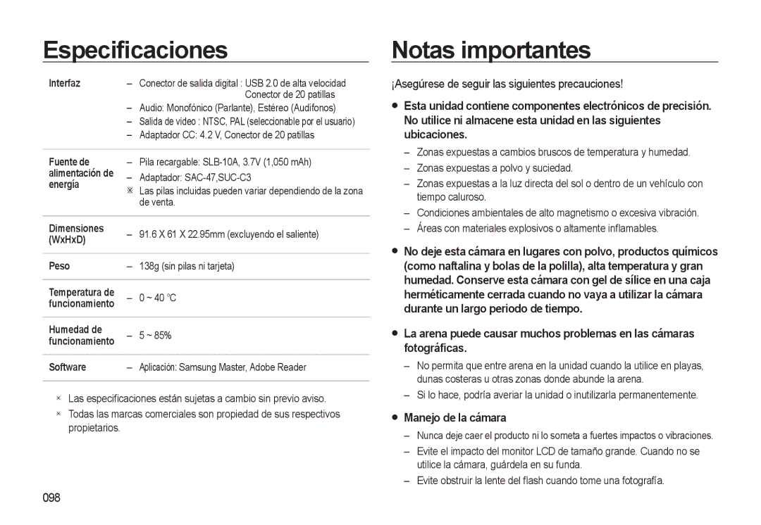 Samsung EC-L310WSBA/E1 manual Notas importantes, ¡Asegúrese de seguir las siguientes precauciones, Manejo de la cámara, 098 