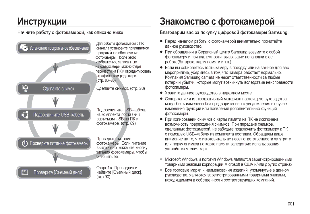 Samsung EC-L310WPBA/RU manual Инструкции, Знакомство с фотокамерой, Начните работу с фотокамерой, как описано ниже 