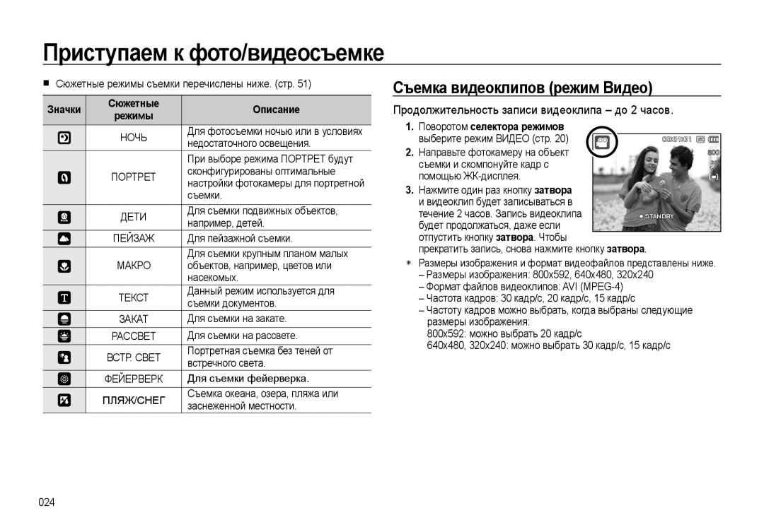 Samsung EC-L310WNBA/RU, EC-L310WSBA/RU manual Съемка видеоклипов режим Видео, Продолжительность записи видеоклипа до 2 часов 