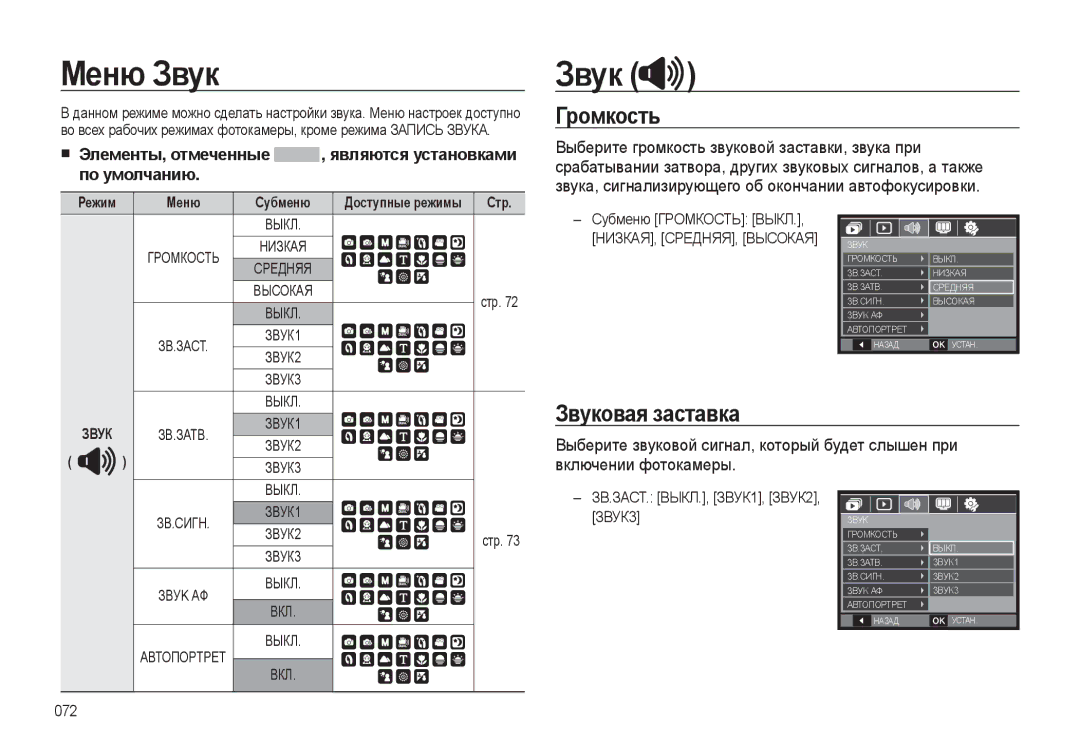 Samsung EC-L310WNBA/RU, EC-L310WSBA/RU, EC-L310WPBA/RU manual Меню Звук, Громкость, Звуковая заставка, Элементы, отмеченные 