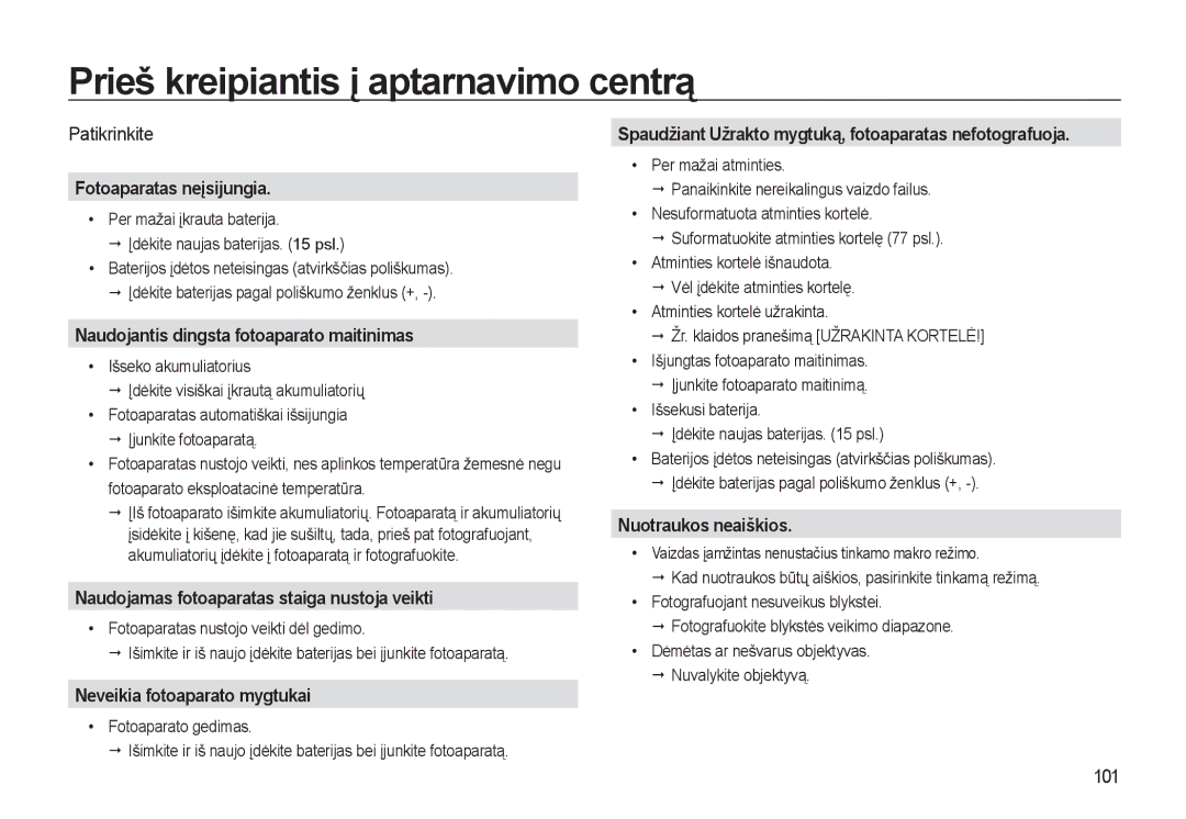 Samsung EC-L310WSBA/RU manual Prieš kreipiantis į aptarnavimo centrą 